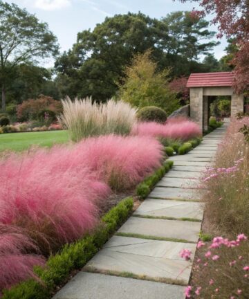 Muhlenbergia capillaris s jemnými růžovými květenstvími