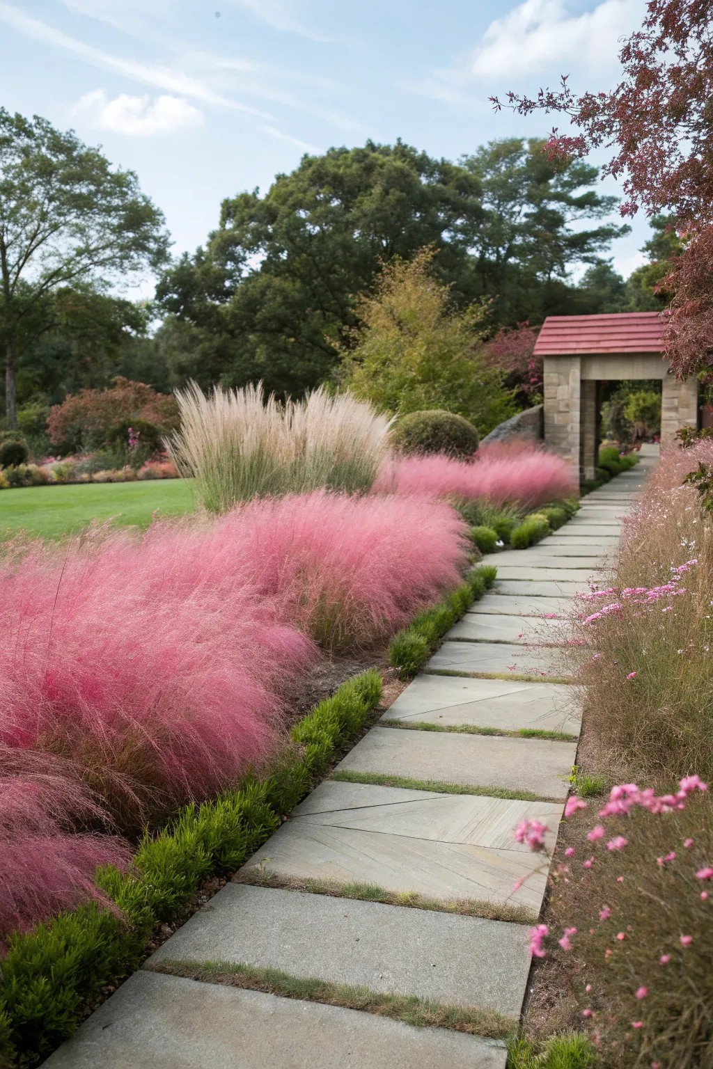 11 Muhlenbergia capillaris s jemnými růžovými květenstvími