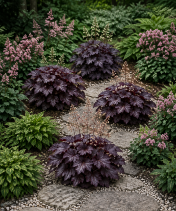 Heuchera 'Palace Purple' s purpurovými listy v zahradním záhonu