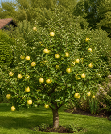 Kompaktní jabloň Golden Delicious se zralými plody