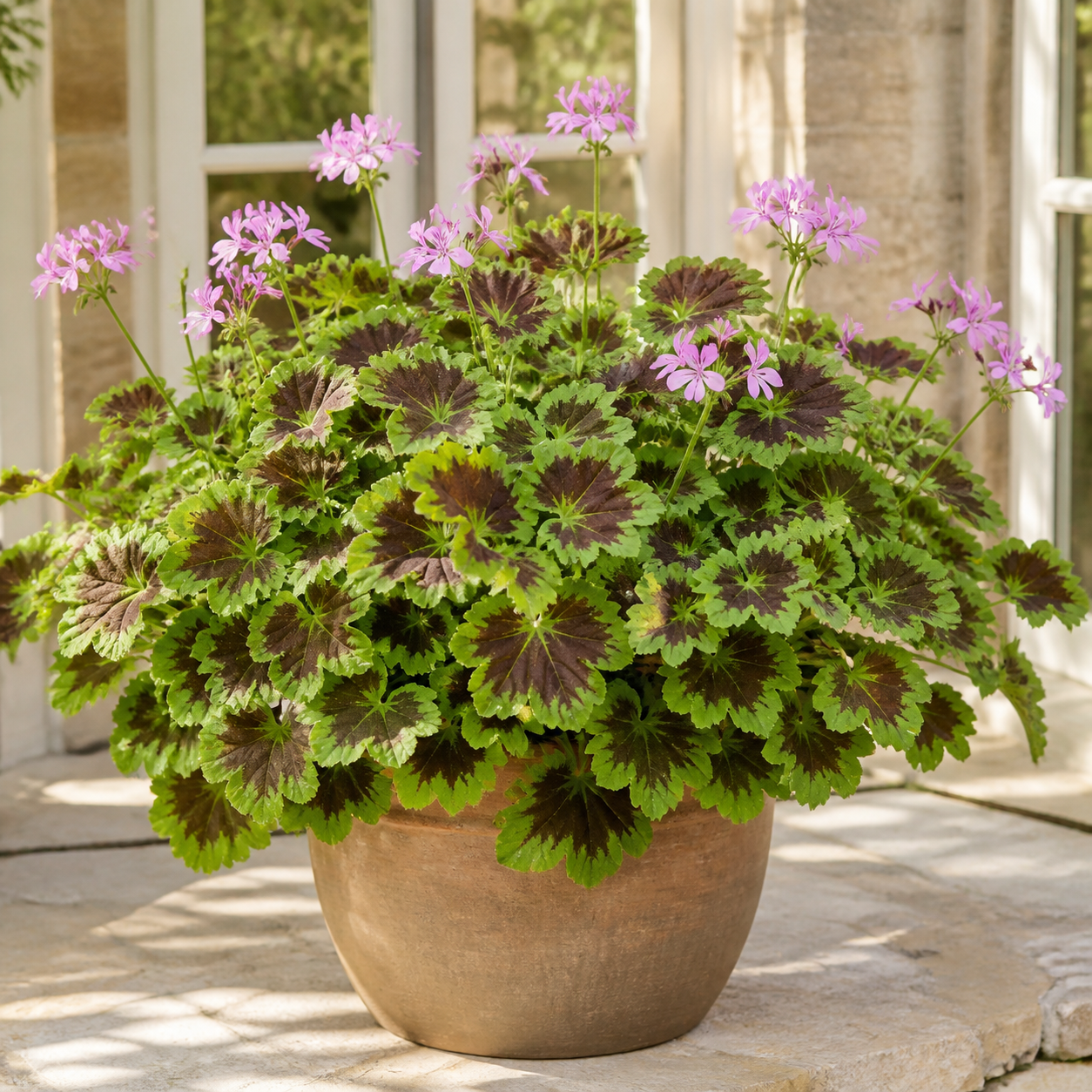 pelargonium-chocolate Dospělý vonný muškát Chocolate s tmavou kresbou listů