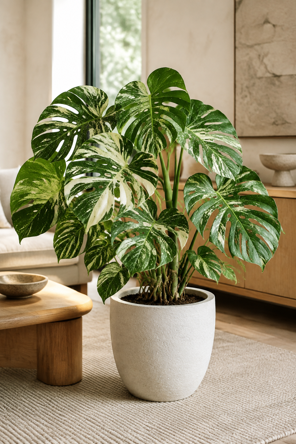 Monstera Thai Constellation Monstera deliciosa 'Thai Constellation' s krémově bílým panašováním listů